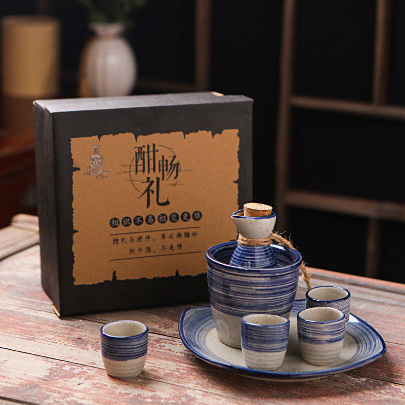 Flag Village Japanese Retro Sake Wine Warmer Gift Box Set Hot Wine Shochu Pot Ceramic Wine Cup White Wine Household Wine Glass