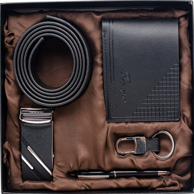Flag Village Practical Men's Tiandigai Gift Set Belt Wallet Keychain Pen 4-Piece Gift Box