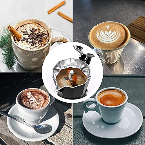 Flag Village Stovetop Espresso Maker 6 Cup 300ml, Aluminum Moka Pot Gift Set, Italian Cuban Greca Coffee, Easy To Use & Clean - Set Including 2 Cups, Spoon, Black, Perfect Gifts For Coffee Lovers