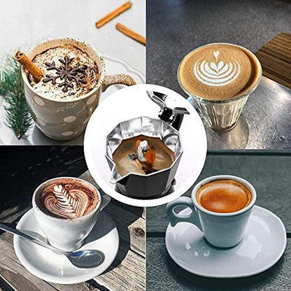Flag Village Stovetop Espresso Maker 6 Cup 300ml, Aluminum Moka Pot Gift Set, Italian Cuban Greca Coffee, Easy To Use & Clean - Set Including 2 Cups, Spoon, Black, Perfect Gifts For Coffee Lovers