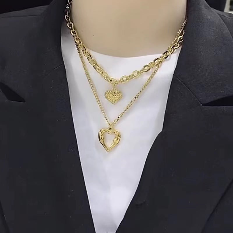 Flag Village Titanium Steel Angel Wings Love Necklace Irregular Folds 2 Heart Love Necklace For Women Charm Party Accessories High-quality Fashion Jewelry Pendant Gifts