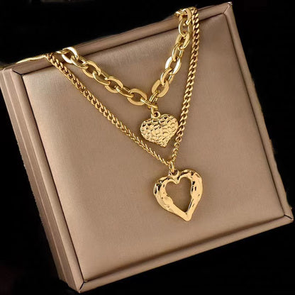 Flag Village Titanium Steel Angel Wings Love Necklace Irregular Folds 2 Heart Love Necklace For Women Charm Party Accessories High-quality Fashion Jewelry Pendant Gifts