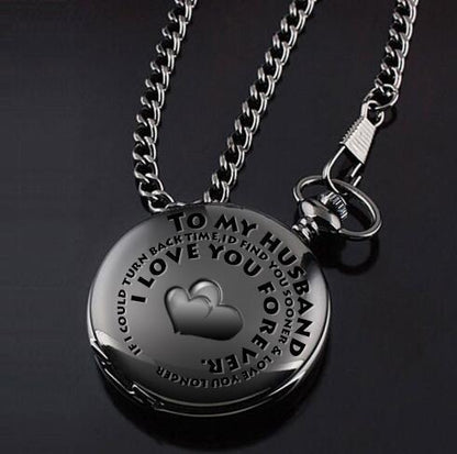 Flag Village retro black fashion silver smooth steampunk quartz pocket watch stainless steel chain necklace 30 cm for men for women with gift box