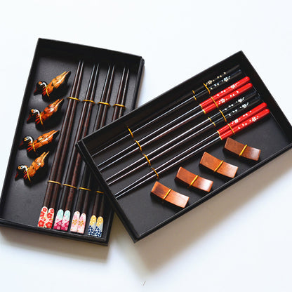 Flag Village Wooden Chopsticks 4 Pairs Of Chopsticks Chopstick Holder Combination Gift Box Set