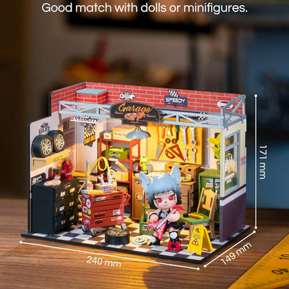 Flag Village Robotime Rolife Dollhouse Miniature House Kit DIY Mini Garage Workshop LED Light Decorative Wooden Craft Gifts For Children