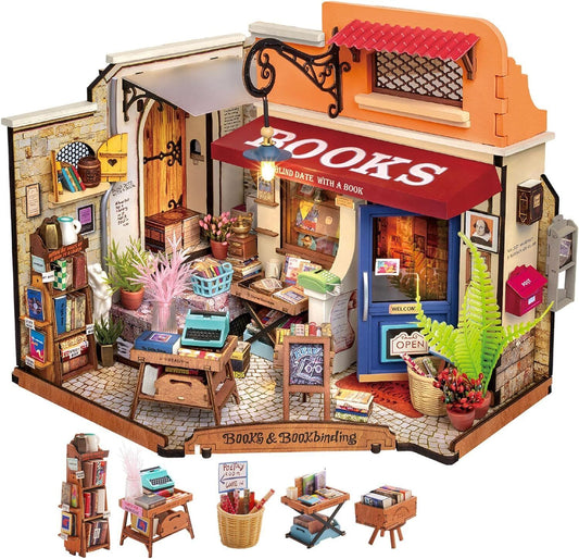 Flag Village Robotime Rolife Corner Bookstore DIY Miniature House Kit Build Mini House Building Kit With LED Lights Craft Gifts For Kids Girl