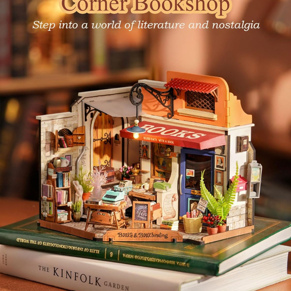 Flag Village Robotime Rolife Corner Bookstore DIY Miniature House Kit Build Mini House Building Kit With LED Lights Craft Gifts For Kids Girl
