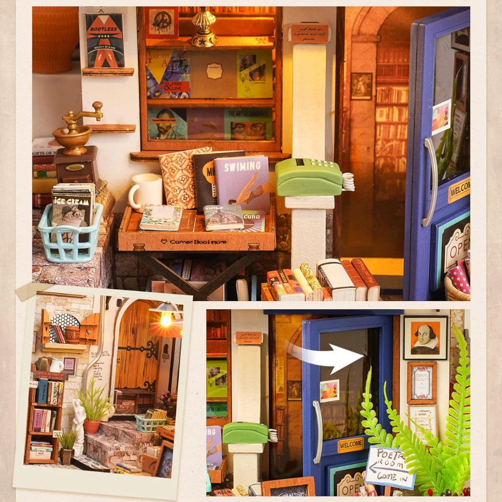 Flag Village Robotime Rolife Corner Bookstore DIY Miniature House Kit Build Mini House Building Kit With LED Lights Craft Gifts For Kids Girl