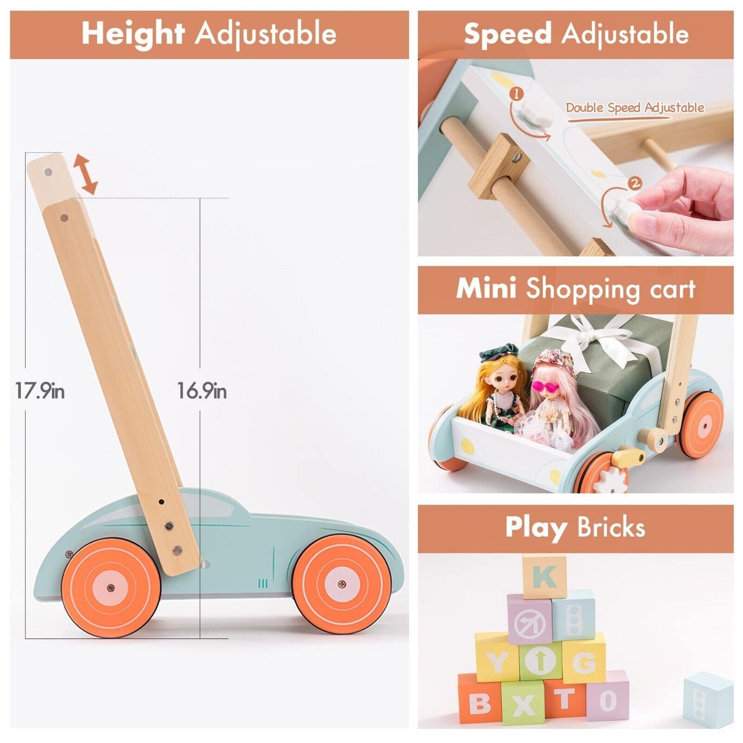 Flag Village ROBUD Wooden Baby Walker Push With ABC 123 Traffic Sign Gifts For Todders 3 Year