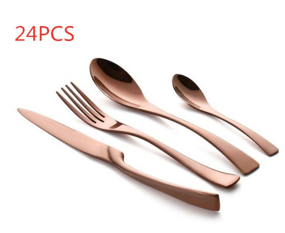 Flag Village 4PCS Set Black Stainless Steel Cutlery Korean Dinnerware Set Gifts Mirror Polishing Silverware Sets Scoop Knife and Fork Sets