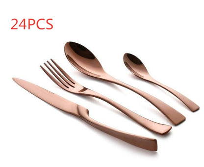 Flag Village 4PCS Set Black Stainless Steel Cutlery Korean Dinnerware Set Gifts Mirror Polishing Silverware Sets Scoop Knife and Fork Sets