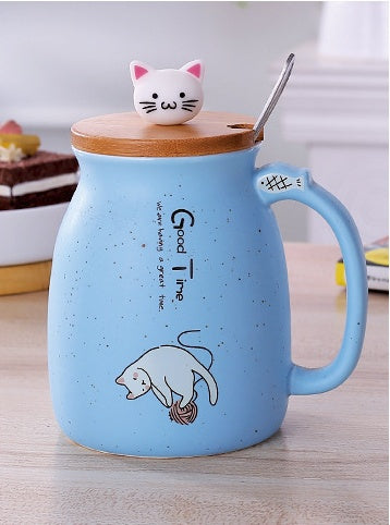 Flag Village 450ml Cartoon Ceramics Cat Mug With Lid and Spoon Coffee Milk Tea Mugs Breakfast Cup Drinkware Novelty Gifts