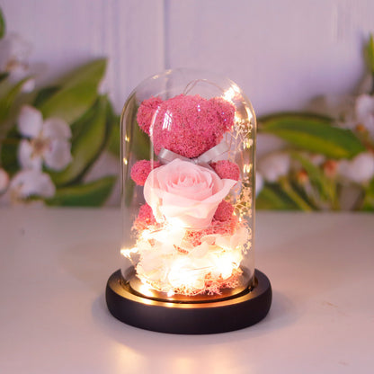 Flag Village Valentine's Day Gift For Girlfriend Eternal Preserved Rose Flower Gift Box Teddy Bear Eternal Flower With Lights Gift For Women Home Decor