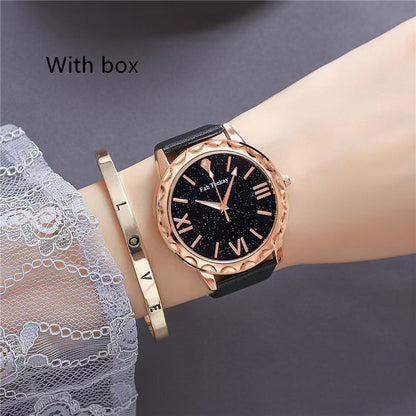 Flag Village Glitter Face Simple Fashion All-match Belt Women's Watch Gift Box Suit Quartz Wrist Watch