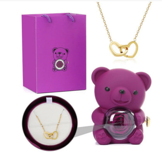 Flag Village Eternal Rose Teddy Bear Gifts Box With Necklace Rotate Rose Jewelry Box Valentine Wedding Storage Gift Case For Women Girlfriend