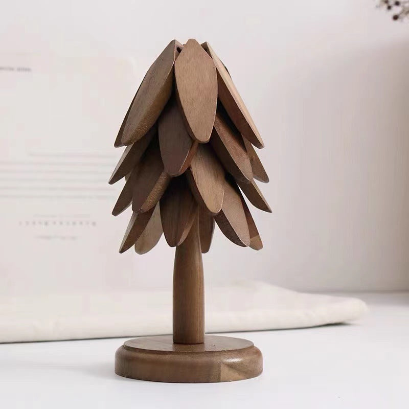 Flag Village Wooden Christmas Tree Folding Coaster Black Walnut Thick Seat Adiabatic Pad For Kitchen Desktop Decoration Housewarming Gift