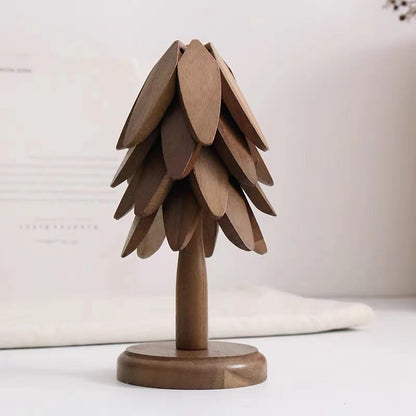 Flag Village Wooden Christmas Tree Folding Coaster Black Walnut Thick Seat Adiabatic Pad For Kitchen Desktop Decoration Housewarming Gift