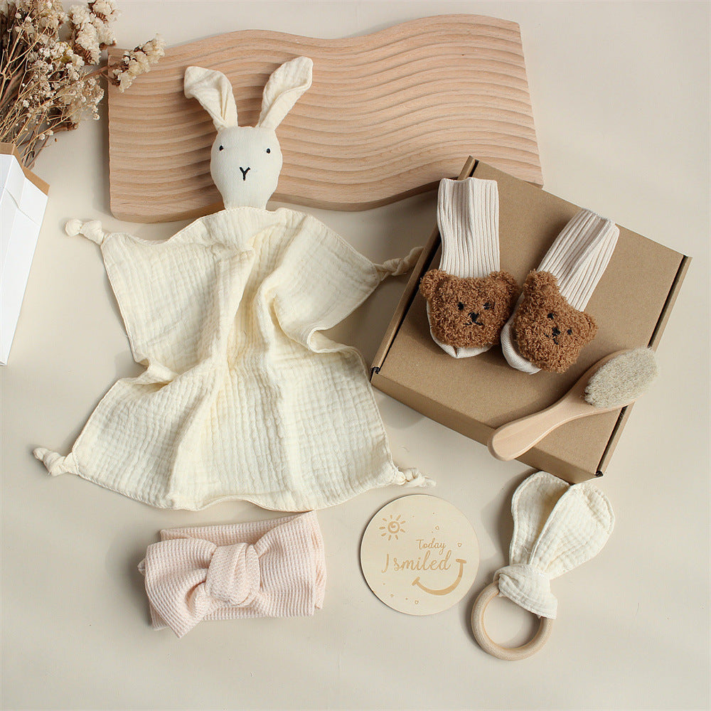Flag Village Baby Rabbit Lion Appeasing Towel Socks Saliva Towel Wash Gift Box Newborn Bite Ring Hair Band Set