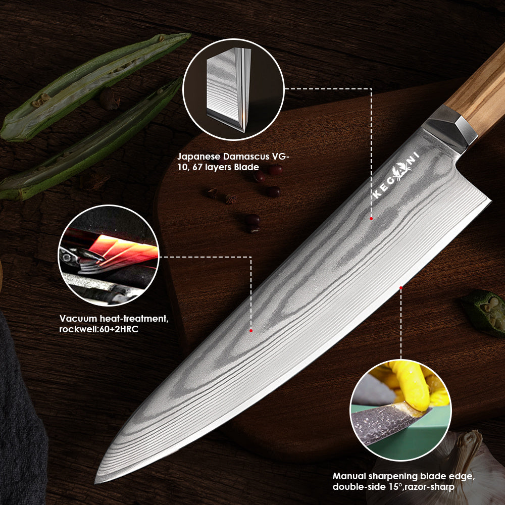 Flag Village Kegani 8 Inch Kiritsuke Knife, Japanese Chef Knife 67 Layers VG-10 Damascus Kiritsuke, Italian Olive Wood FullTang Handle Natural Texture Japanese Knife With Gift Box & Sheath