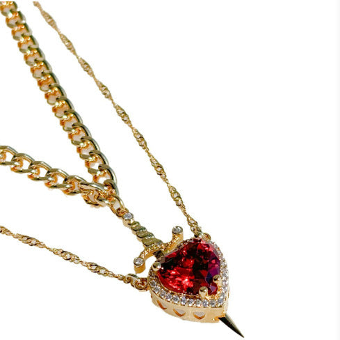 Flag Village New Heart And Sword Necklace Set Gold Color Stainless Steel Crystal Couple Necklaces For Women Men Boyfriend Girlfriend Gifts