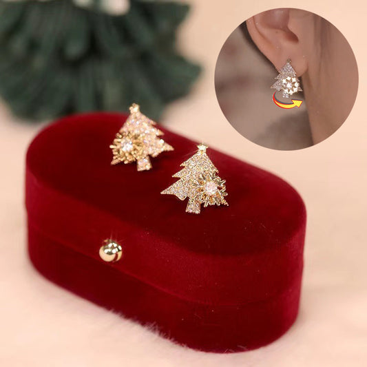 Flag Village Rotatable Christmas Tree Earrings Shiny Rhinestone Snowflake Stud Earring New Year Xmas Festival Ear Jewelry Gifts Autumn And Winter