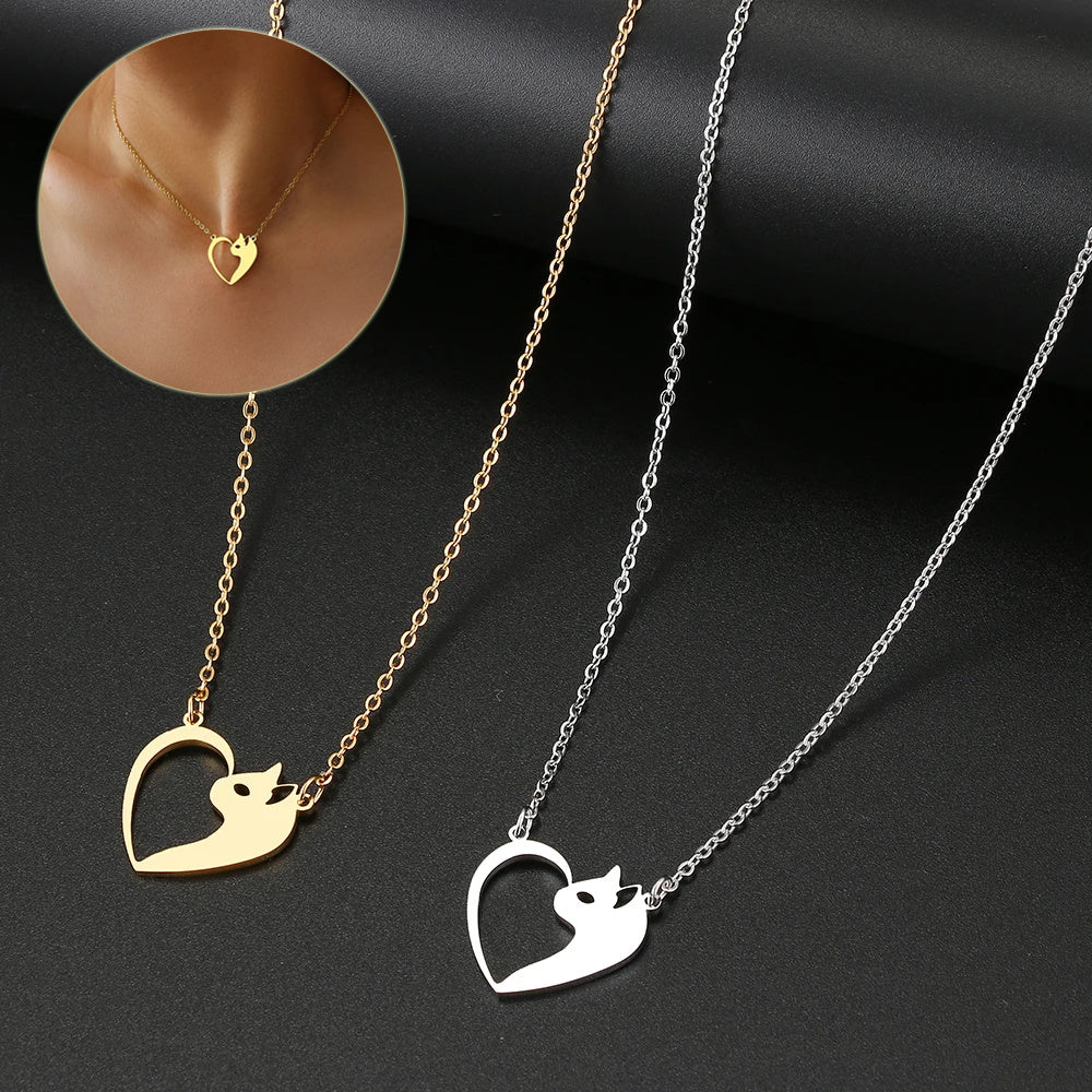 Flag Village Women's Fashion Jewelry Stainless Steel Necklaces Heart Cat Hollow Pendant Choker Clavicle Chain Charm Fashion Necklaces For Women Jewelry Girls Gifts