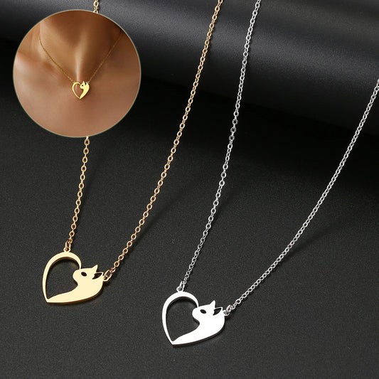 Flag Village Women's Fashion Jewelry Stainless Steel Necklaces Heart Cat Hollow Pendant Choker Clavicle Chain Charm Fashion Necklaces For Women Jewelry Girls Gifts