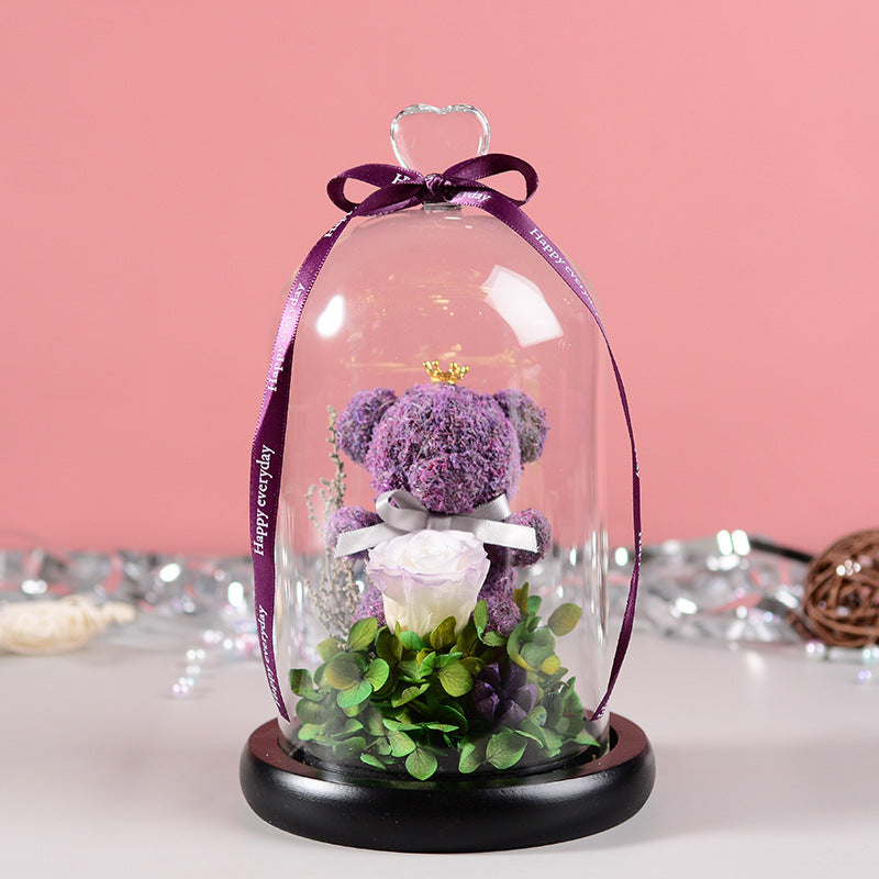 Flag Village Florist Gift Box Flowers Eternal Flower Glass Cover Bear Rose