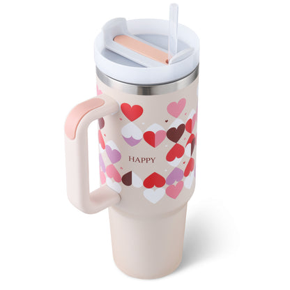 Flag Village 40 Oz Tumbler With Handle Straw Insulated, Stainless Steel Spill Proof Vacuum Coffee Cup Tumbler With Lid Tapered Mug Gifts For Valentine Lover Suitable For Car Gym Office Travel