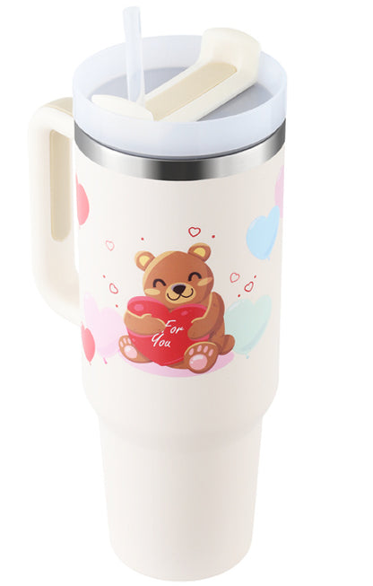 Flag Village 40 Oz Tumbler With Handle Straw Insulated, Stainless Steel Spill Proof Vacuum Coffee Cup Tumbler With Lid Tapered Mug Gifts For Valentine Lover Suitable For Car Gym Office Travel