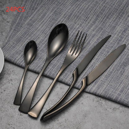 Flag Village 4PCS Set Black Stainless Steel Cutlery Korean Dinnerware Set Gifts Mirror Polishing Silverware Sets Scoop Knife and Fork Sets