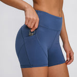 Flag Village SHINBENE Anti-sweat Plain Sport Athletic Shorts Women High Waisted Soft Cotton Feel Fitness Yoga Shorts with Two Side Pocket