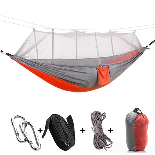 Flag Village Outdoor Parachute Cloth Hammock Couble with Mosquito Net Light Portable Army Green Insect-proof Camping Aerial Tent