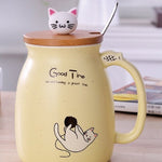 Flag Village 450ml Cartoon Ceramics Cat Mug With Lid and Spoon Coffee Milk Tea Mugs Breakfast Cup Drinkware Novelty Gifts