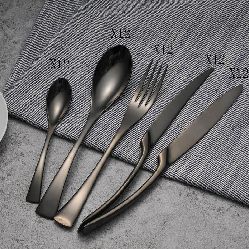 Flag Village 4PCS Set Black Stainless Steel Cutlery Korean Dinnerware Set Gifts Mirror Polishing Silverware Sets Scoop Knife and Fork Sets