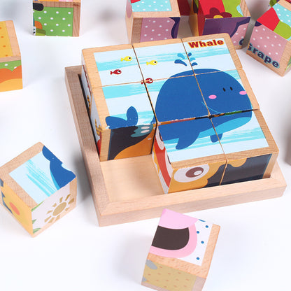 Flag Village High-grade Six-face Picture Wooden Jigsaw 3D Puzzle Toys Children's Early Educational Toy Cube Jigsaw Puzzle Baby Kids Gifts