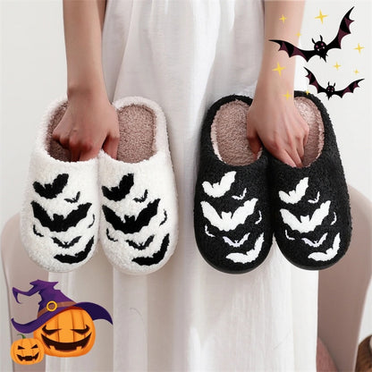 Flag Village Funny Bat Slipper Halloween Pumpkin Flat Indoor House Shoes For Women Men Soft Plush Cozy Horror Fashion Halloween Gifts
