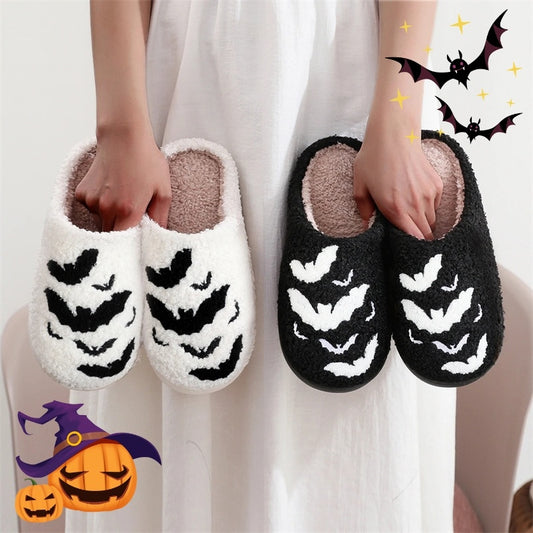 Flag Village Funny Bat Slipper Halloween Pumpkin Flat Indoor House Shoes For Women Men Soft Plush Cozy Horror Fashion Halloween Gifts