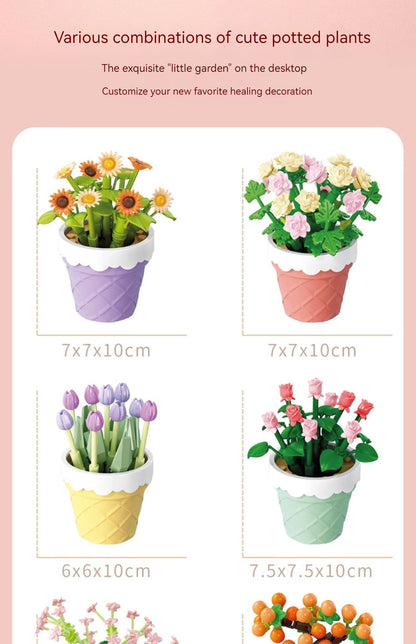 Flag Village Bouquet Plant Potted Rose Handmade DIY Assembling Puzzle Building Blocks Toy Children Gifts