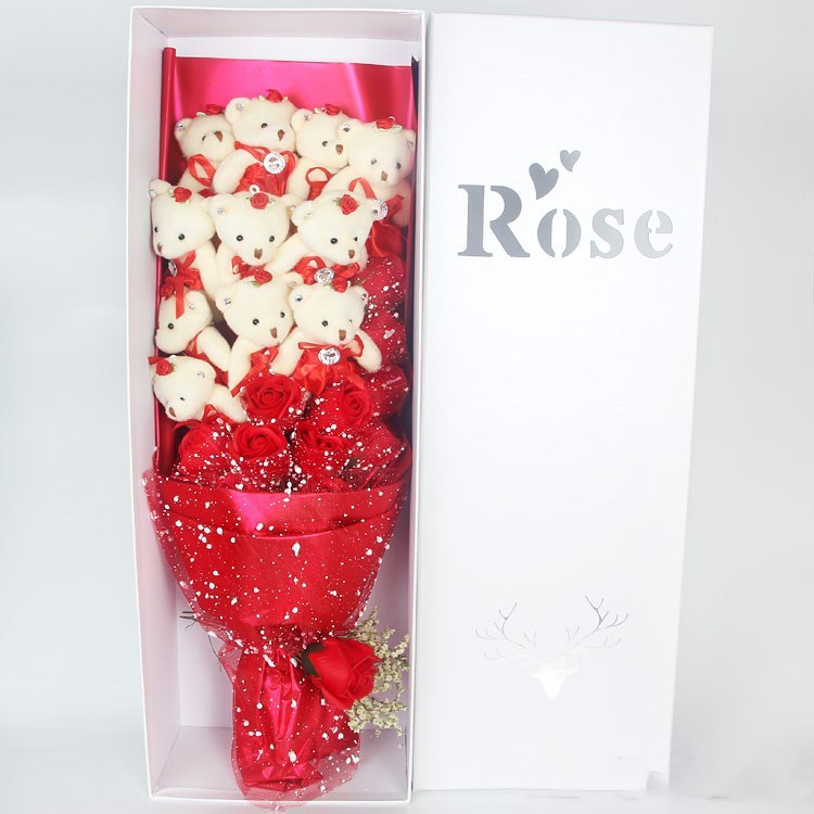 Flag Village Valentine Day Animals Plush Toys Teddy Bear Rose Soap Flower Dolls With Box Toy For Valentine's Day Birthday Gifts