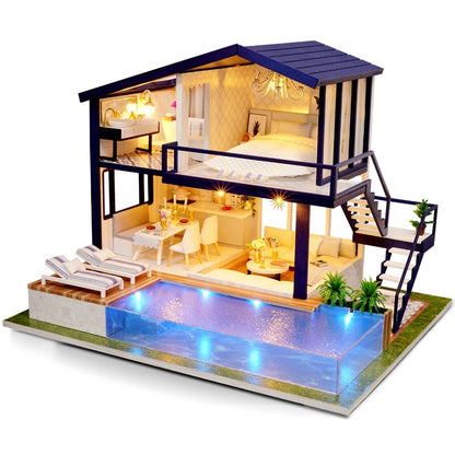 Flag Village Doll House Wooden Furniture Diy House Miniature Box Puzzle Assemble 3D Miniaturas Dollhouse Kits Toys For Children Birthday Gift