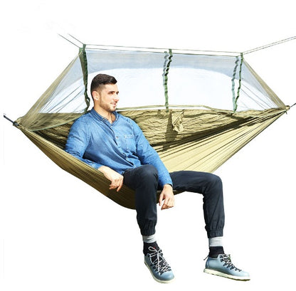 Flag Village Outdoor Parachute Cloth Hammock Couble with Mosquito Net Light Portable Army Green Insect-proof Camping Aerial Tent
