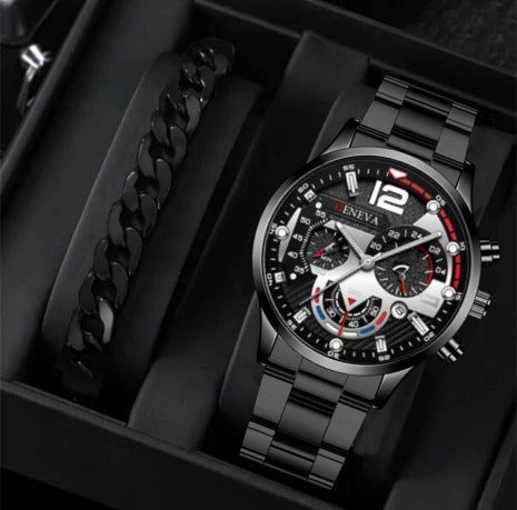 Flag Village 2pcs Men's New Popular Steel Strip Fashion Business Three Eye Quartz Watch Bracelet Set Valentine's Day Gifts