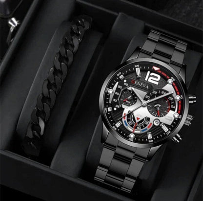Flag Village 2pcs Men's New Popular Steel Strip Fashion Business Three Eye Quartz Watch Bracelet Set Valentine's Day Gifts