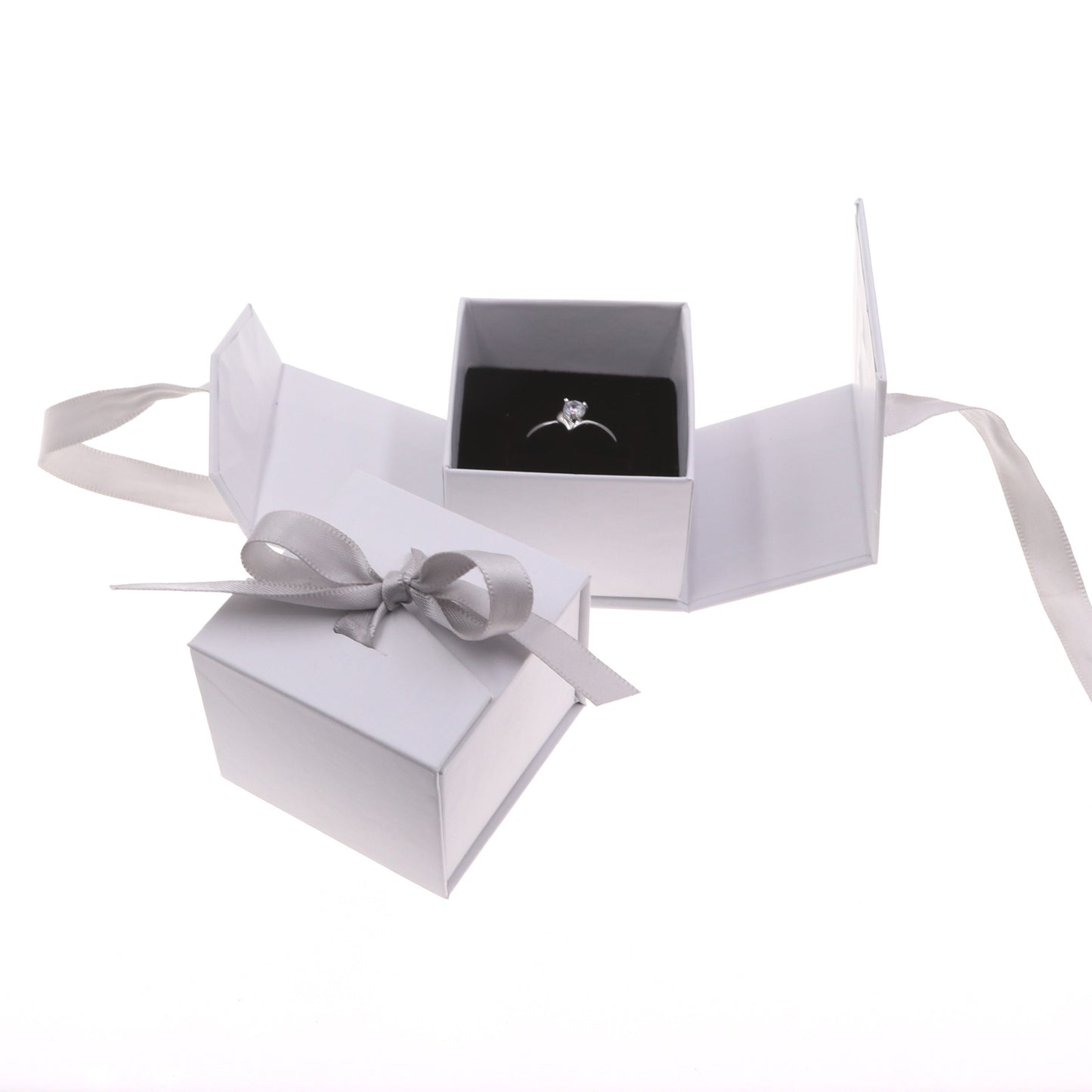 Flag Village Jewelry Boxes Paper Gray White Color Ribbon Bowknot For Gift Present Ring Earring Packing Display Box