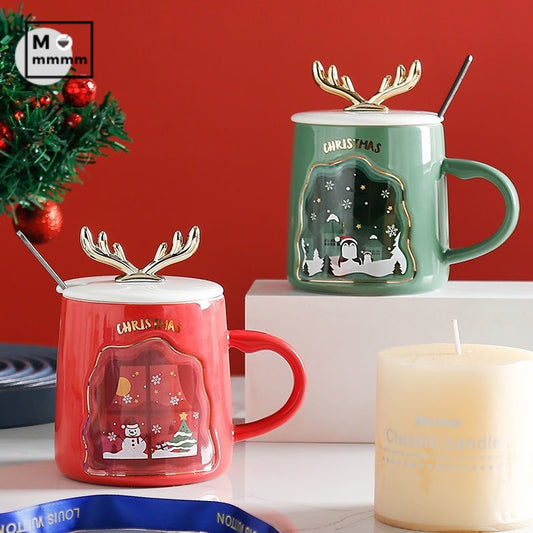 Flag Village Drinkware Christmas Mugs Coffee Cups Ceramic Merry Christmas Cups With Spoon Christmas Gifts For Coffee Cup Mug Handgrip Cup