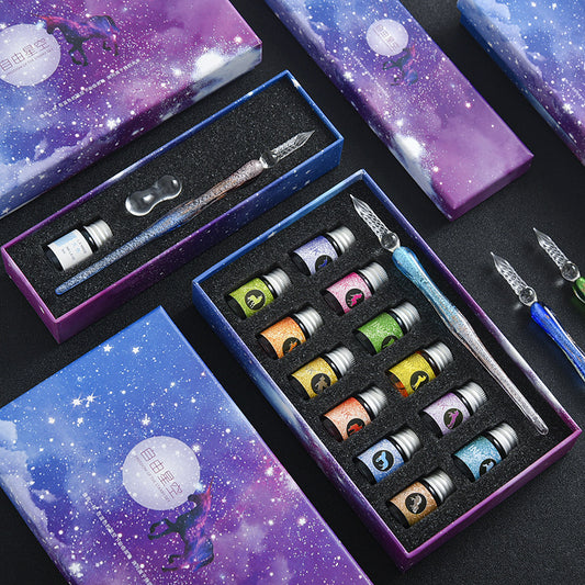 Flag Village Starry Sky Pen Glass Pen Gradient Color Gift Box Set