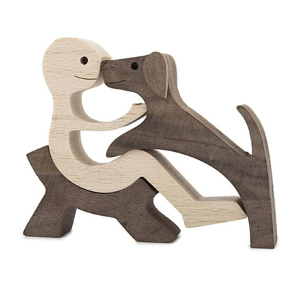 Flag Village DIY Figurine Wood Dog Ornament Sculpture Home Decoration A Man A Dog Wood Sculpture Christmas Gifts Model Decor