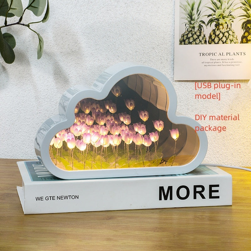 Flag Village Tulip Night Lamp DIY Material Cloud Tulips Night Lamp Decorative Mirrors Photo Frame LED Table Lights Korean Creative Desk Bedroom Handmade Birthday Gifts