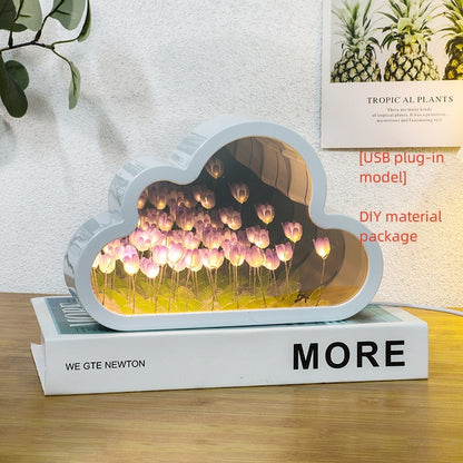 Flag Village Tulip Night Lamp DIY Material Cloud Tulips Night Lamp Decorative Mirrors Photo Frame LED Table Lights Korean Creative Desk Bedroom Handmade Birthday Gifts